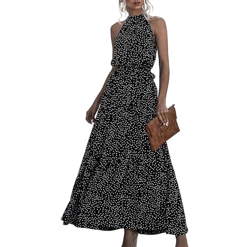 JIAALU Boho Floral Fließendes Kleid Damen Langes Sonnenkleid Mit Gürtel Lange Strandkleid Business Casual Kleid Ärmellos Blumenkleid Maxikleid von JIAALU