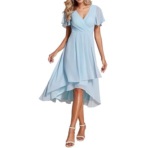 JIAALU Damen Abendkleider V Ausschnitt Rüschenärmel Chiffon Knielanges Abendkleid Hochzeit sgastkleid Elegant Chiffon Für Hochzeit High Low Festliche Kleider Vokuhila Brautjungfernkleid von JIAALU