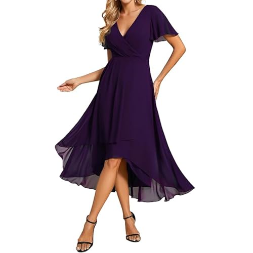 JIAALU Damen Abendkleider V Ausschnitt Rüschenärmel Chiffon Knielanges Abendkleid Hochzeit sgastkleid Elegant Chiffon Für Hochzeit High Low Festliche Kleider Vokuhila Brautjungfernkleid von JIAALU