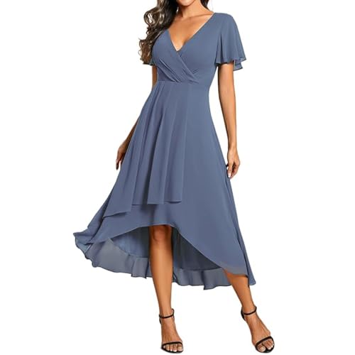 JIAALU Damen Abendkleider V Ausschnitt Rüschenärmel Chiffon Knielanges Abendkleid Hochzeit sgastkleid Elegant Chiffon Für Hochzeit High Low Festliche Kleider Vokuhila Brautjungfernkleid von JIAALU