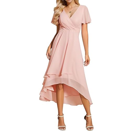 JIAALU Damen Abendkleider V Ausschnitt Rüschenärmel Chiffon Knielanges Abendkleid Hochzeit sgastkleid Elegant Chiffon Für Hochzeit High Low Festliche Kleider Vokuhila Brautjungfernkleid von JIAALU