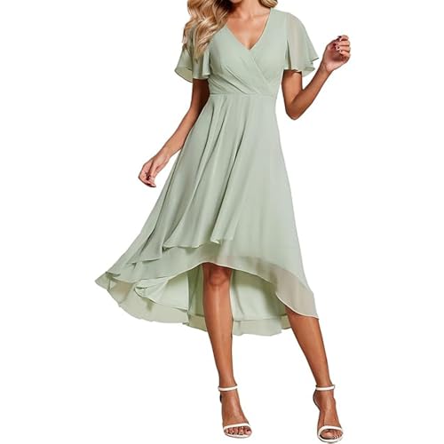 JIAALU Damen Abendkleider V Ausschnitt Rüschenärmel Chiffon Knielanges Abendkleid Hochzeit sgastkleid Elegant Chiffon Für Hochzeit High Low Festliche Kleider Vokuhila Brautjungfernkleid von JIAALU