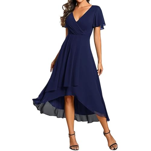 JIAALU Damen Abendkleider V Ausschnitt Rüschenärmel Chiffon Knielanges Abendkleid Hochzeit sgastkleid Elegant Chiffon Für Hochzeit High Low Festliche Kleider Vokuhila Brautjungfernkleid von JIAALU