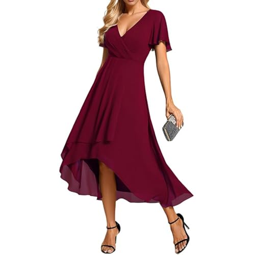 JIAALU Damen Abendkleider V Ausschnitt Rüschenärmel Chiffon Knielanges Abendkleid Hochzeit sgastkleid Elegant Chiffon Für Hochzeit High Low Festliche Kleider Vokuhila Brautjungfernkleid von JIAALU