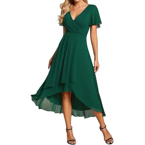 JIAALU Damen Abendkleider V Ausschnitt Rüschenärmel Chiffon Knielanges Abendkleid Hochzeit sgastkleid Elegant Chiffon Für Hochzeit High Low Festliche Kleider von JIAALU
