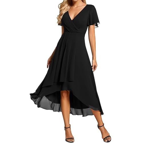 JIAALU Damen Abendkleider V Ausschnitt Rüschenärmel Chiffon Knielanges Abendkleid Hochzeit sgastkleid Elegant Chiffon Für Hochzeit High Low Festliche Kleider von JIAALU