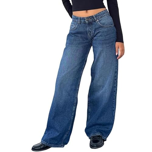 JIAALU Damen Baggy Jeans Y2K Lose Gerade Jeans Low Waist Jeanshose mit Weitem Bein Streetwear Baggy Boyfriend Denim Hose von JIAALU