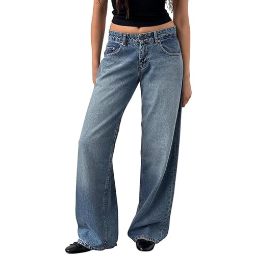 JIAALU Damen Baggy Jeans Y2K Lose Gerade Jeans Low Waist Jeanshose mit Weitem Bein Streetwear Baggy Boyfriend Denim Hose von JIAALU