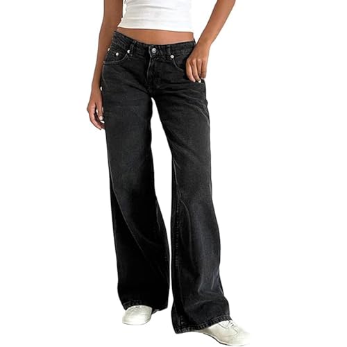 JIAALU Damen Baggy Jeans Y2K Lose Gerade Jeans Low Waist Jeanshose mit Weitem Bein Streetwear Baggy Boyfriend Denim Hose von JIAALU