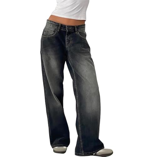 JIAALU Damen Baggy Jeans Y2K Lose Gerade Jeans Low Waist Jeanshose mit Weitem Bein Streetwear Baggy Boyfriend Denim Hose von JIAALU