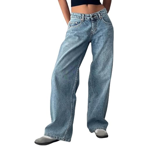 JIAALU Damen Baggy Jeans Y2K Lose Gerade Jeans Low Waist Jeanshose mit Weitem Bein Streetwear Baggy Boyfriend Denim Hose von JIAALU