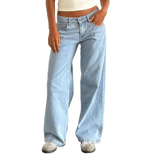 JIAALU Damen Baggy Jeans Y2K Lose Gerade Jeans Low Waist Jeanshose mit Weitem Bein Streetwear Baggy Boyfriend Denim Hose von JIAALU