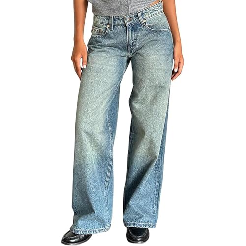 JIAALU Damen Baggy Jeans Y2K Lose Gerade Jeans Low Waist Jeanshose mit Weitem Bein Streetwear Baggy Boyfriend Denim Hose von JIAALU
