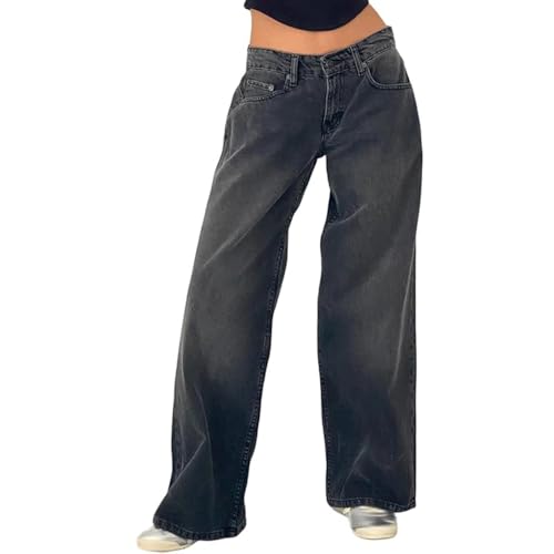 JIAALU Damen Baggy Jeans Y2K Lose Gerade Jeans Low Waist Jeanshose mit Weitem Bein Streetwear Baggy Boyfriend Denim Hose von JIAALU