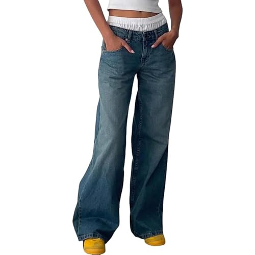 JIAALU Damen Baggy Jeans Y2K Lose Gerade Jeans Low Waist Jeanshose mit Weitem Bein Streetwear Baggy Boyfriend Denim Hose von JIAALU