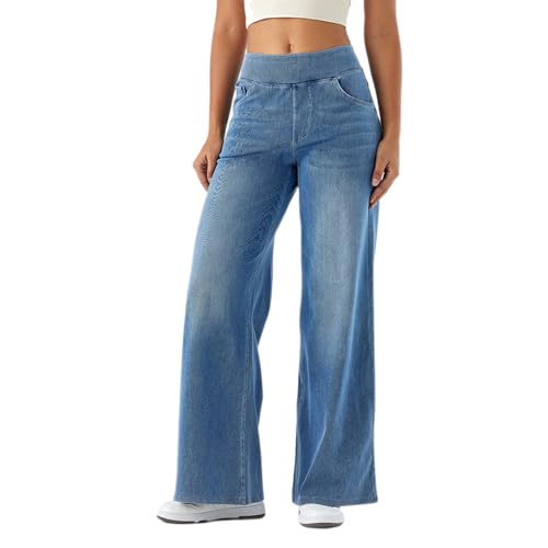 JIAALU Damen Baggy Mit High Waist Stretch Bein Jeans Pull On Wide Leg Jeans Mit 4 Taschen von JIAALU