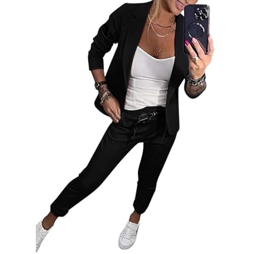 JIAALU Damen Elegant Business Anzug Set Hosenanzug Zweiteiler Hose 2-teilig Outfit Revers Büro Langarm Anzugjacke Blazer von JIAALU