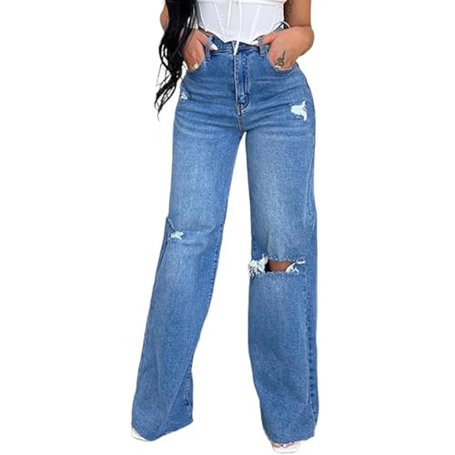 JIAALU Damen High Waist Jeanshosen Baggy Weites Bein Jeans Freizeithose Wide Leg Denim Pants Stretch Straight Jeans Hosen Casual Lose Hose von JIAALU