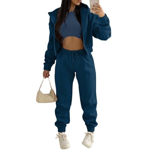 JIAALU Damen Jogginganzug 3-teiliges Lounge-Set für Weicher Sets Yoga Outfit Sport Langarm Kapuzenjacke+ Crop Top + Jogginghose mit Taschen von JIAALU