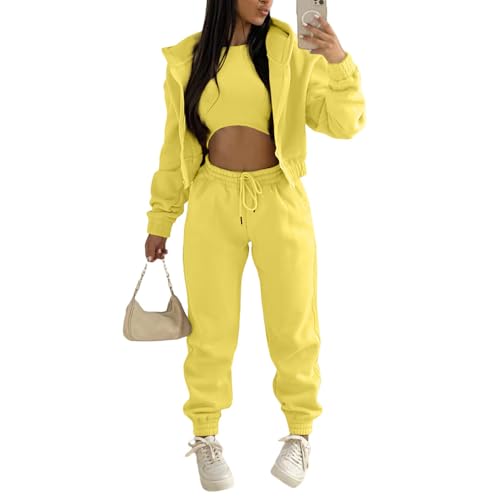 JIAALU Damen Jogginganzug 3-teiliges Lounge-Set für Weicher Sets Yoga Outfit Sport Langarm Kapuzenjacke+ Crop Top + Jogginghose mit Taschen von JIAALU