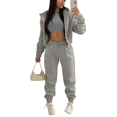 JIAALU Damen Jogginganzug 3-teiliges Lounge-Set für Weicher Sets Yoga Outfit Sport Langarm Kapuzenjacke+ Crop Top + Jogginghose mit Taschen von JIAALU
