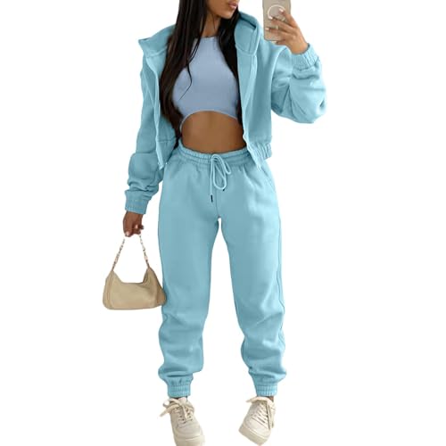 JIAALU Damen Jogginganzug 3-teiliges Lounge-Set für Weicher Sets Yoga Outfit Sport Langarm Kapuzenjacke+ Crop Top + Jogginghose mit Taschen von JIAALU