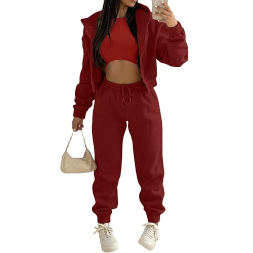 JIAALU Damen Jogginganzug 3-teiliges Lounge-Set für Weicher Sets Yoga Outfit Sport Langarm Kapuzenjacke+ Crop Top + Jogginghose mit Taschen von JIAALU