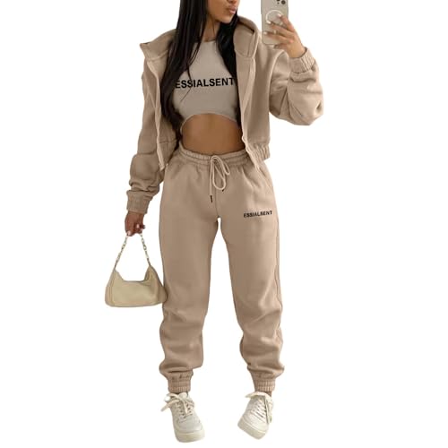 JIAALU Damen Jogginganzug 3-teiliges Lounge-Set für Weicher Sets Yoga Outfit Sport Langarm Kapuzenjacke+ Crop Top + Jogginghose mit Taschen von JIAALU