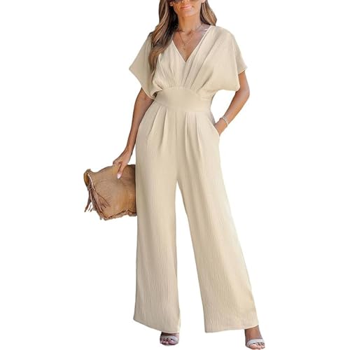JIAALU Damen Jumpsuit Lang Festlich Hochzeit Elegant Sommer JumpsuitsV-Ausschnitt Kurze Dolman-Ärmel Overall Weites Bein Strampler Romper Mit Taschen von JIAALU