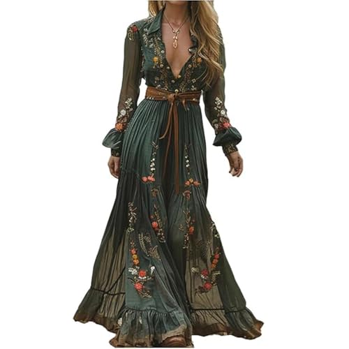 JIAALU Damen Kleider Langes Boho Kleid Vintage Rustikaler Stil Blumenmuster Kleid Lässiges Maxikleid Frühling Langarm Blumenkleid Strandkleid Blumenkleid von JIAALU