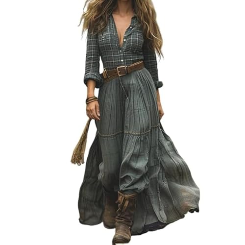 JIAALU Damen Kleider Langes Boho Kleid Vintage Rustikaler Stil Blumenmuster Kleid Lässiges Maxikleid Frühling Langarm Blumenkleid Strandkleid Blumenkleid von JIAALU