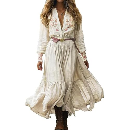 JIAALU Damen Kleider Langes Boho Kleid Vintage Rustikaler Stil Blumenmuster Kleid Lässiges Maxikleid Frühling Langarm Blumenkleid Strandkleid Blumenkleid von JIAALU
