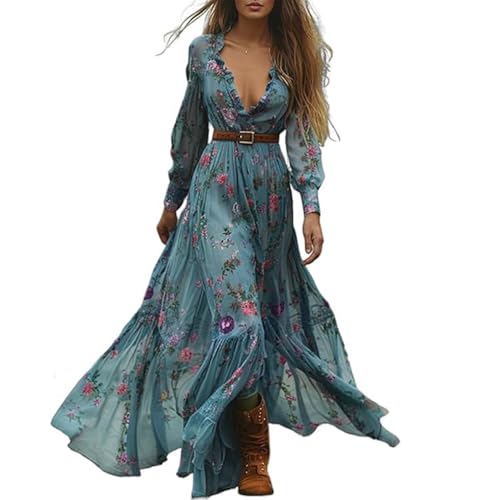 JIAALU Damen Kleider Langes Boho Kleid Vintage Rustikaler Stil Blumenmuster Kleid Lässiges Maxikleid Frühling Langarm Blumenkleid Strandkleid Blumenkleid von JIAALU
