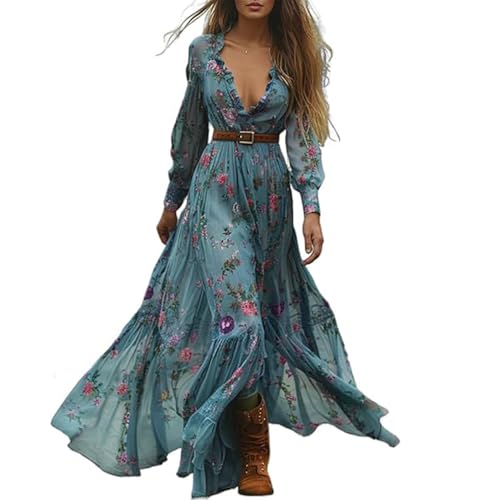 JIAALU Damen Kleider Langes Boho Kleid Vintage Rustikaler Stil Blumenmuster Kleid Lässiges Maxikleid Frühling Langarm Blumenkleid Strandkleid Blumenkleid von JIAALU