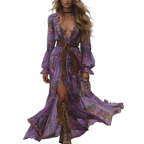 JIAALU Damen Kleider Langes Boho Kleid Vintage Rustikaler Stil Blumenmuster Kleid Lässiges Maxikleid Frühling Langarm Blumenkleid Strandkleid Blumenkleid von JIAALU