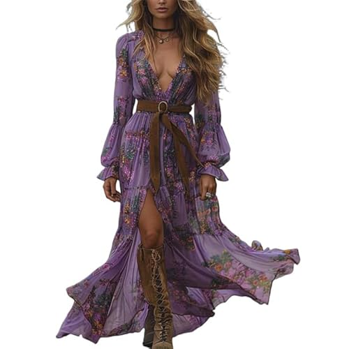 JIAALU Damen Kleider Langes Boho Kleid Vintage Rustikaler Stil Blumenmuster Kleid Lässiges Maxikleid Frühling Langarm Blumenkleid Strandkleid Blumenkleid von JIAALU
