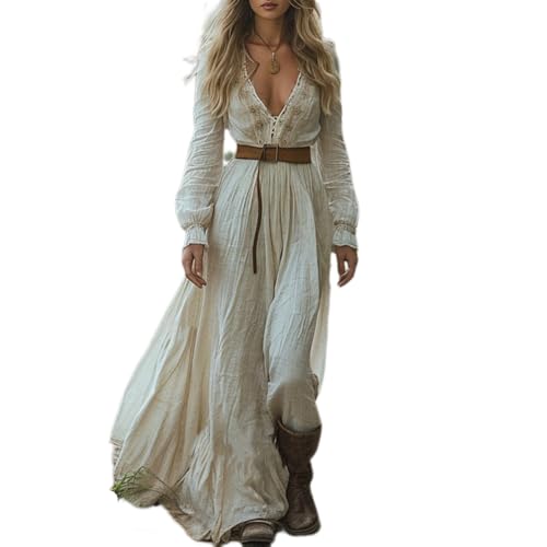 JIAALU Damen Kleider Langes Boho Kleid Vintage Rustikaler Stil Blumenmuster Kleid Lässiges Maxikleid Frühling Langarm Blumenkleid Strandkleid Blumenkleid von JIAALU