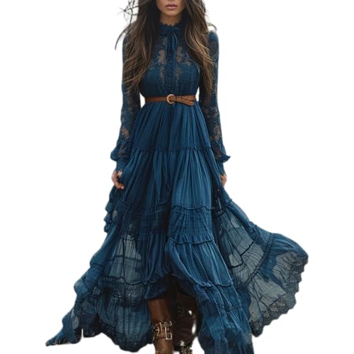 JIAALU Damen Kleider Langes Boho Kleid Vintage Rustikaler Stil Blumenmuster Kleid Lässiges Maxikleid Frühling Langarm Blumenkleid Strandkleid Blumenkleid von JIAALU