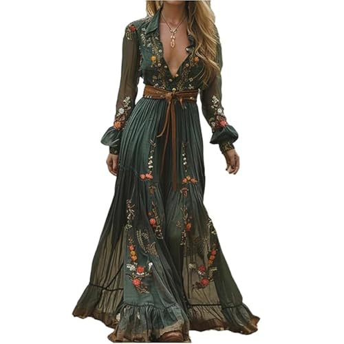 JIAALU Damen Kleider Vintage Rustikaler Stil Langes Boho Kleid Lässiges Maxikleid Blumenmuster Kleid Frühling Langarm Blumenkleid Blumenkleid von JIAALU