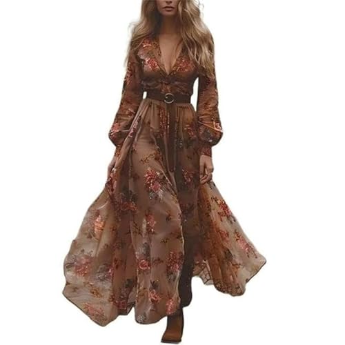 JIAALU Damen Kleider Vintage Rustikaler Stil Langes Boho Kleid Lässiges Maxikleid Blumenmuster Kleid Frühling Langarm Blumenkleid Blumenkleid von JIAALU