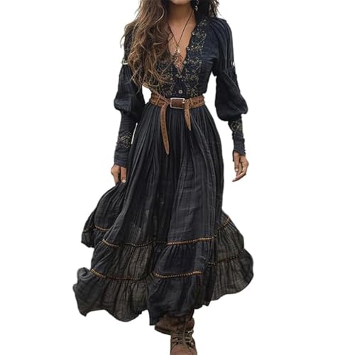 JIAALU Damen Kleider Vintage Rustikaler Stil Langes Boho Kleid Lässiges Maxikleid Blumenmuster Kleid Frühling Langarm Blumenkleid Blumenkleid von JIAALU