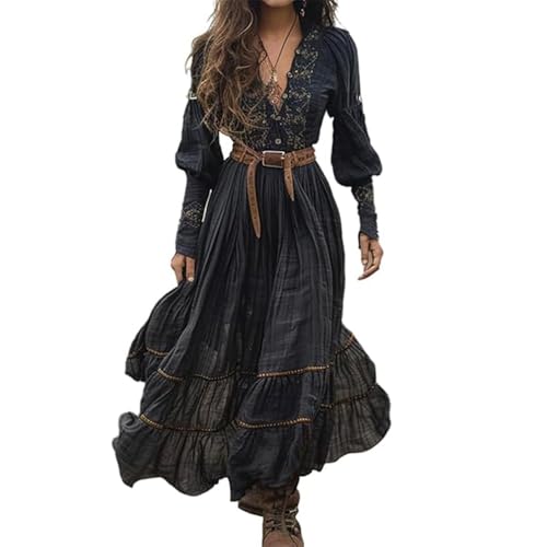 JIAALU Damen Kleider Vintage Rustikaler Stil Langes Boho Kleid Lässiges Maxikleid Blumenmuster Kleid Frühling Langarm Blumenkleid Blumenkleid von JIAALU