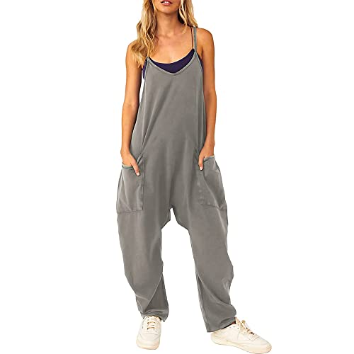 JIAALU Damen Latzhose Sommer Jumpsuit Baggy Oversize Beiläufig Loose Trägerhose Overalls Ärmellose Strampler Playsuit mit Große Taschen Arbeitshose Oversize Freizeitanzug Einteilig von JIAALU