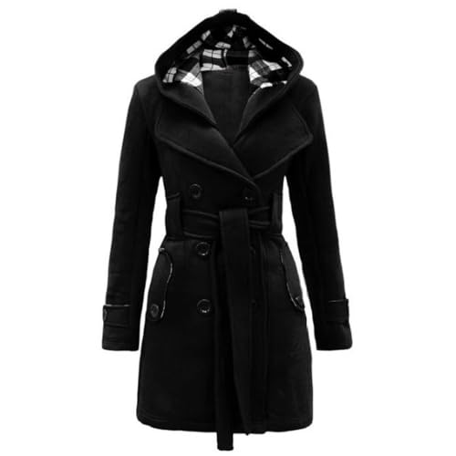 JIAALU Damen Mantel Winter Warme Wintermantel Damen-Fleecemantel in mittlerer Länge mit Kapuze Trenchcoat Outwear Mit Taschen Zweireihige Revers Winterjacke Winter Elegant Outdoorjacke von JIAALU