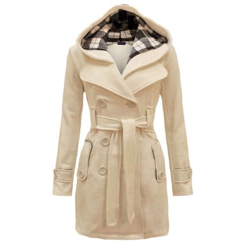 JIAALU Damen Mantel Winter Warme Wintermantel Damen-Fleecemantel in mittlerer Länge mit Kapuze Trenchcoat Outwear Mit Taschen Zweireihige Revers Winterjacke Winter Elegant Outdoorjacke von JIAALU