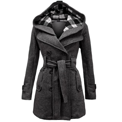 JIAALU Damen Mantel Winter Warme Wintermantel Damen-Fleecemantel in mittlerer Länge mit Kapuze Trenchcoat Outwear Mit Taschen Zweireihige Revers Winterjacke Winter Elegant Outdoorjacke von JIAALU