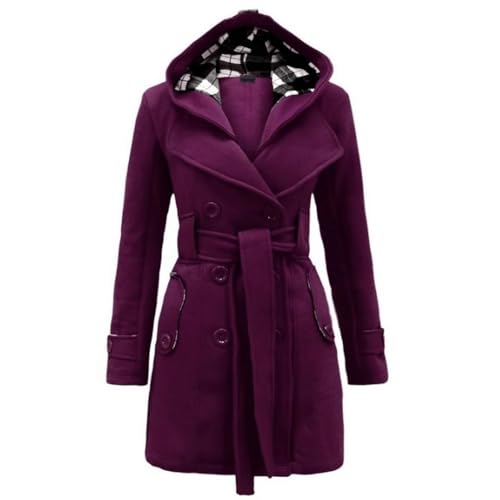 JIAALU Damen Mantel Winter Warme Wintermantel Damen-Fleecemantel in mittlerer Länge mit Kapuze Trenchcoat Outwear Mit Taschen Zweireihige Revers Winterjacke Winter Elegant Outdoorjacke von JIAALU