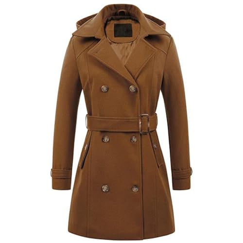 JIAALU Damen Mantel Winter Warme Wintermantel Damen-Fleecemantel in mittlerer Länge mit Kapuze Trenchcoat Outwear Mit Taschen Zweireihige Revers Winterjacke Winter Elegant Outdoorjacke von JIAALU