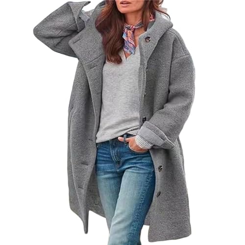 JIAALU Damen Mantel Winter Warme Wintermantel Damen-Fleecemantel in mittlerer Länge mit Kapuze Trenchcoat Outwear Mit Taschen Zweireihige Revers Winterjacke Winter Elegant Outdoorjacke von JIAALU