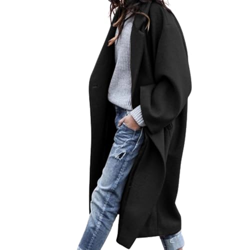 JIAALU Damen Mantel Winter Warme Wintermantel Damen-Fleecemantel in mittlerer Länge mit Kapuze Trenchcoat Outwear Mit Taschen Zweireihige Revers Winterjacke Winter Elegant Outdoorjacke von JIAALU